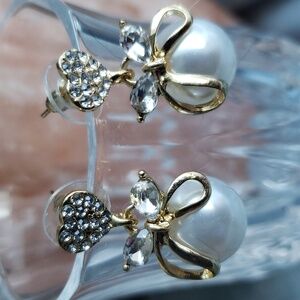 Faux Pearl & Rhinestone Studded Bow Knot Angel Earrings. NWT
